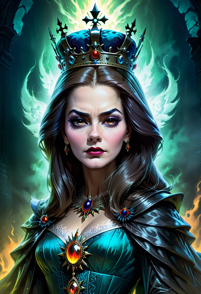 a high quality professional photo of a (queen) sacrificing (my soul), haunted, Radioactive, in the style of Tom Richmond, highly detailed, 8k resolution, spooky atmosphere, dark and mysterious, eerie lighting, detailed textures, haunting concept art, hauntingly beautiful, intricate details, queen of the underworld, haunting portrait.