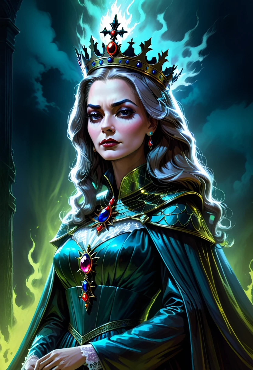 a high quality professional photo of a (queen) sacrificing (my soul), haunted, Radioactive, in the style of Tom Richmond, highly detailed, 8k resolution, spooky atmosphere, dark and mysterious, eerie lighting, detailed textures, haunting concept art, hauntingly beautiful, intricate details, queen of the underworld, haunting portrait.