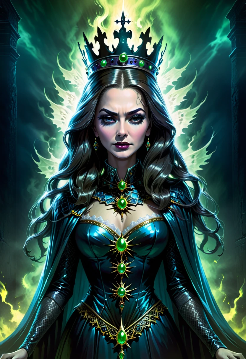 a high quality professional photo of a (queen) sacrificing (my soul), haunted, Radioactive, in the style of Tom Richmond, highly detailed, 8k resolution, spooky atmosphere, dark and mysterious, eerie lighting, detailed textures, haunting concept art, hauntingly beautiful, intricate details, queen of the underworld, haunting portrait.