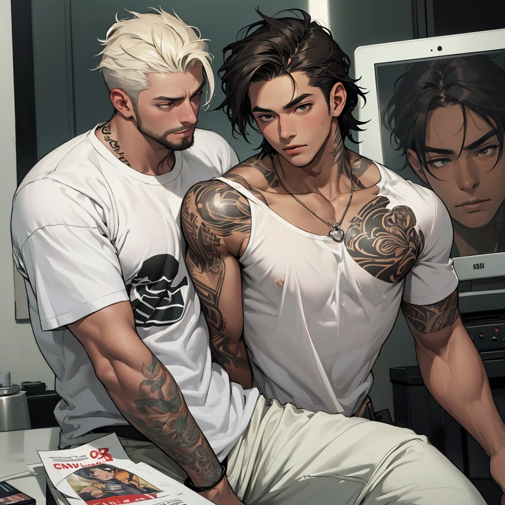 ((Best Quality)) ((high definition quality)), ((Masterpiece)), (detailed), ((without errors)), ((no duplicate limbs))
Create a modern apartment, two figures stand out in a dim and warm room. Cipriano, a muscular Argentinian man in a tight white t-shirt, very high, shows tattoos on his arms and chest. With short punk messy hair and well-groomed beard, Her skin is brown and her eyes are emerald green., having sex with her boyfriend Min-Joon, a young Korean man with an urban style, He wears a white t-shirt. Tender and sweet face like a kpop idol, White skin, perfectly shaved, his body is shorter, small and skinny than Cipriano. His posture is relaxed but full of energy, His dark, messy hair falls over his forehead., and his tattoos cover his neck and arms. He enjoyed Cipriano's touch, showing an expression of sexual pleasure.. Cipriano gently kisses Min-Joon's neck while holding his waist in a sensual and erotic way. The room is partially illuminated by the city lights coming through the window., creating an intimate and passionate atmosphere.
Cipriano is the active and dominant one while Min-Joon is the passive one in the relationship.