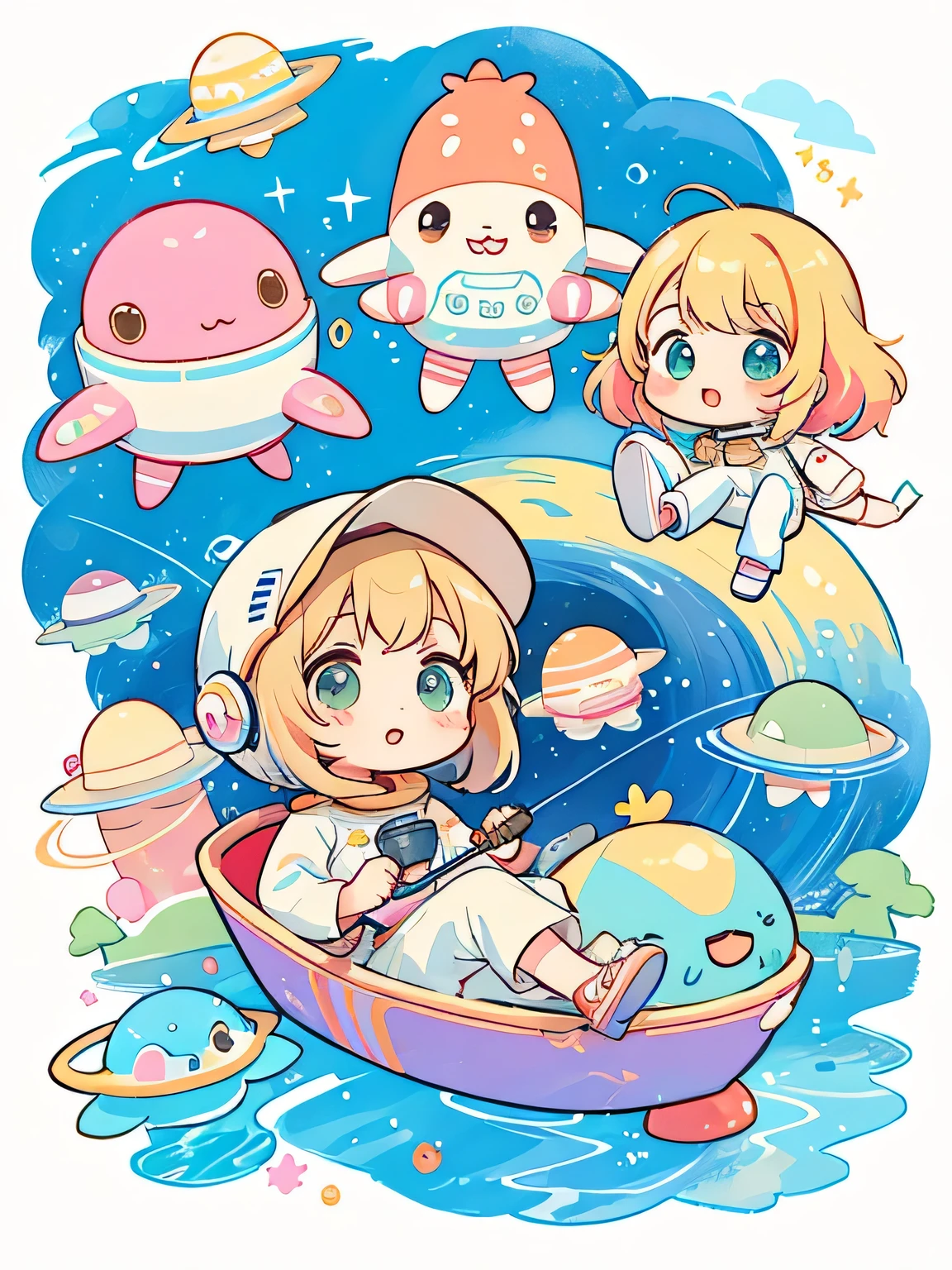 Joseph Mallord William Turner style, Kawaii Design, The most beautiful girl of all time、chibi, ((Colorful amoeba))、Space Travel、nap
