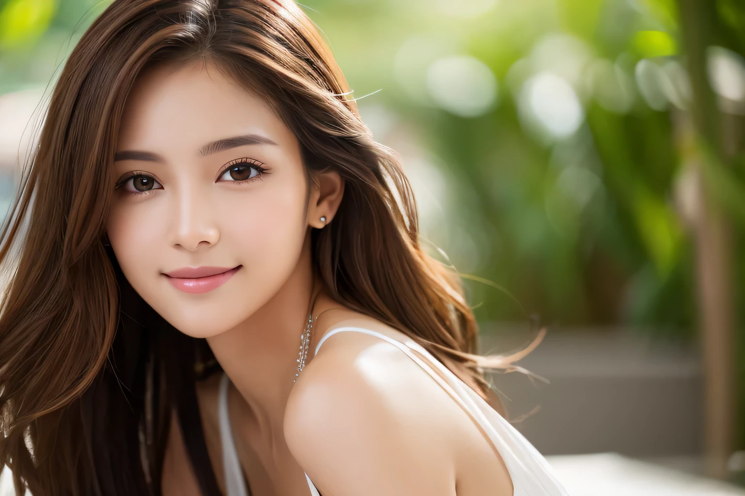 Highest quality、High resolution、Beautiful eyes、Fine skin、Delicate face、Puerto Rican Beauty、Brown Hair、Brown skin、slender、One Woman、A sly smile、looking at the camera
