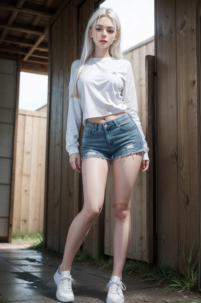 1 HD realistic beautiful girl: white hair and blue eyes, marked slit, full body image, tight shorts.