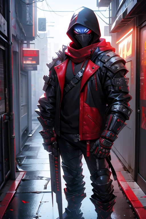 a man in a red jacket and black pants standing in a dark room, wearing cultist red robe, crimson attire, character from mortal kombat, as a character in tekken, fighting game character, cyberpunk assassin, red hooded mage, cyberpunk outfits, crimson clothes, the red ninja, wearing leather assassin armor, an edgy teen assassin, cool red jacket, cyberpunk street goon