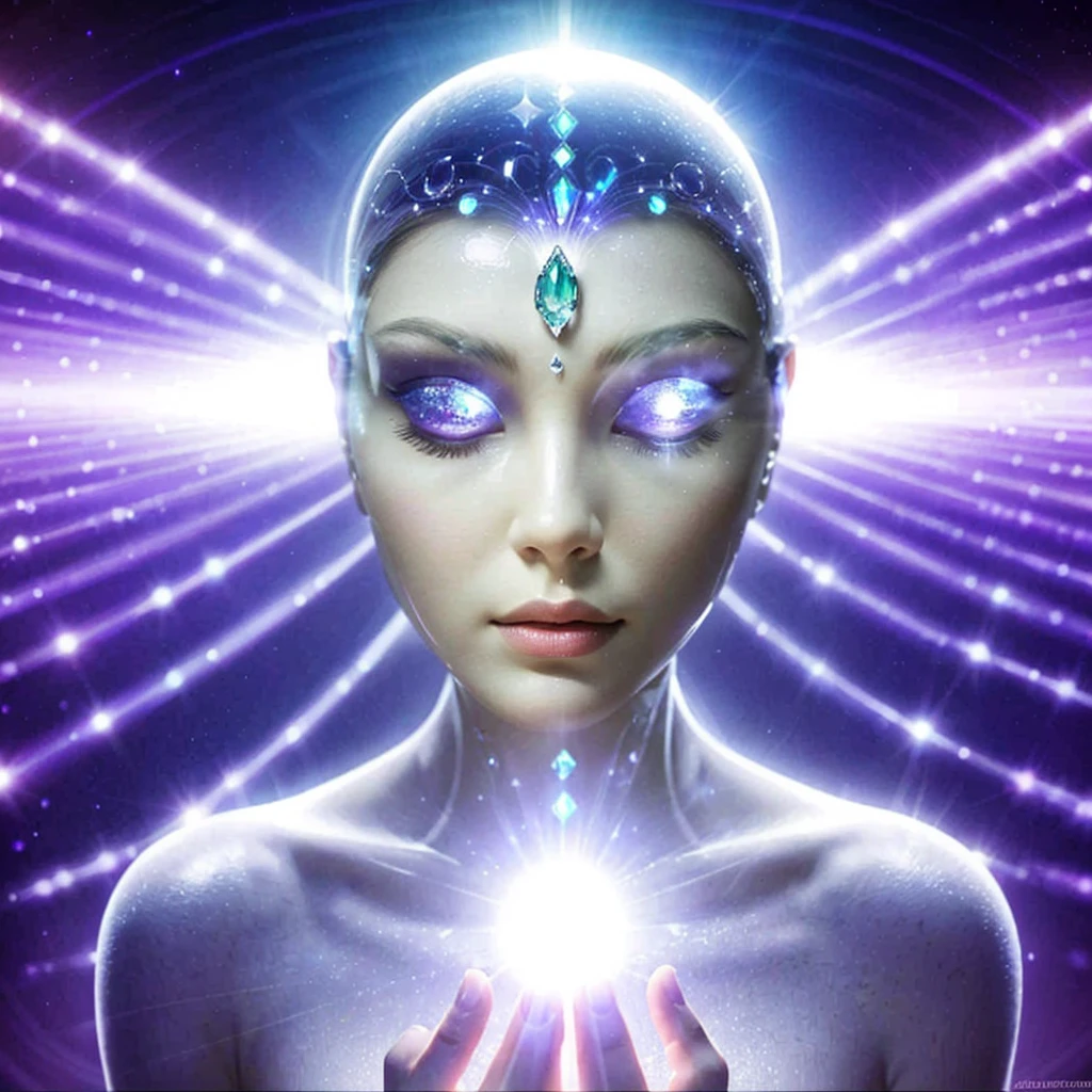 Very real image, Beautiful oval face of a gray extraterrestrial Goddess, with very light, smooth and pearly skin, a tiny nose, she is meditating, her eyes are closed, her emerald-shaped third eye is very bright and illuminated. At the bottom of it there is a crystalline mandala. WHITE BACKGROUND. Photorealism, full view, highly detailed image, very realistic, hyperrealism, Ultra HD, 8k, 5, sharp focus, intricate and mysterious masterpiece. (Long exposure photography Very detailed close-up portrait artistic illustration: final quality, medium shot, backlight, Rich and striking. Enigmatic and mysterious manipulations (composition of the rule of thirds), ((detailed environment with strong lines) The best quality, in camera, white light, warm and clean aesthetics, dazzling screen composed of millions of brilliant ultraviolet rays, HDR.