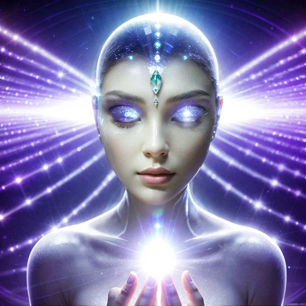 Very real image, Beautiful oval face of a gray extraterrestrial Goddess, with very light, smooth and pearly skin, a tiny nose, she is meditating, her eyes are closed, her emerald-shaped third eye is very bright and illuminated. At the bottom of it there is a crystalline mandala. WHITE BACKGROUND. Photorealism, full view, highly detailed image, very realistic, hyperrealism, Ultra HD, 8k, 5, sharp focus, intricate and mysterious masterpiece. (Long exposure photography Very detailed close-up portrait artistic illustration: final quality, medium shot, backlight, Rich and striking. Enigmatic and mysterious manipulations (composition of the rule of thirds), ((detailed environment with strong lines) The best quality, in camera, white light, warm and clean aesthetics, dazzling screen composed of millions of brilliant ultraviolet rays, HDR.