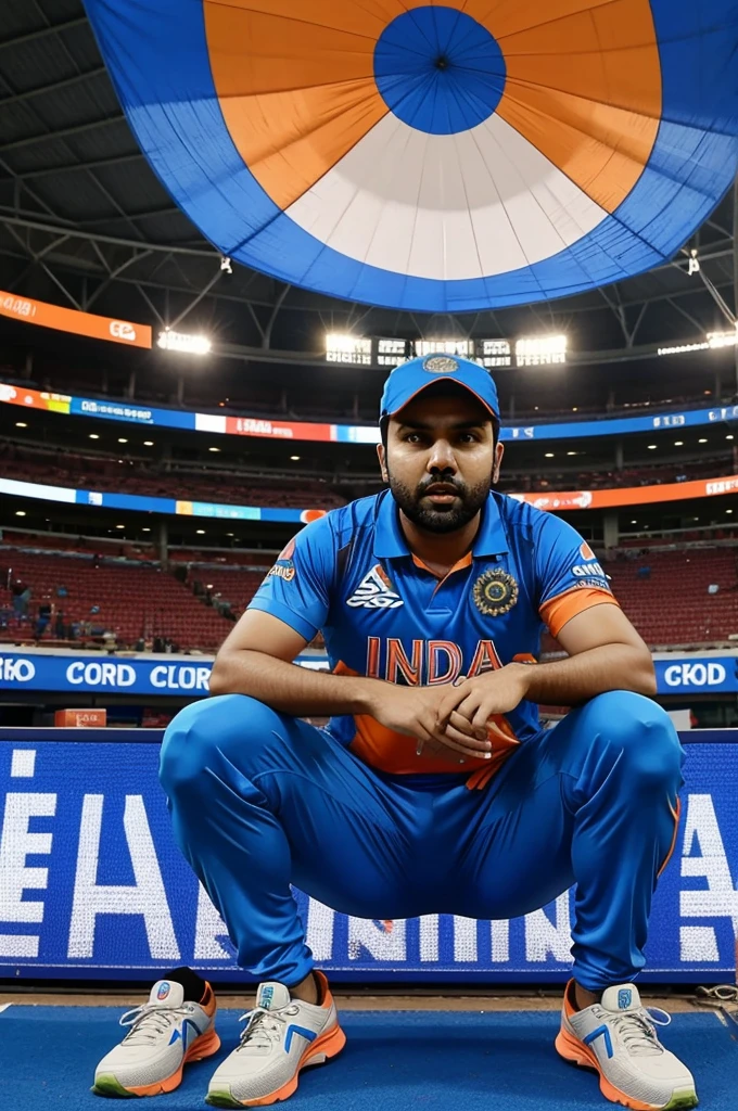 Rohit Sharma, with blue and orange jersey in which india name is written, a cricket stadium with full crowd, were team is holding T20 world cup