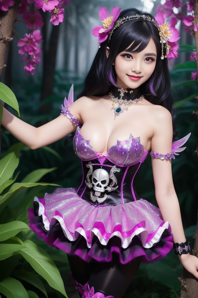 sexy Indonesian model who controls poison、beautiful smile、lipgloss、long lashes、eyeliner、gothic makeup、defined eyebrows、look at the camera、full body Esbian、、sparkling poisoned enchanted flower costume、、、、shiny sparkling colorful short hair、secrete poison、skull hair accessories、sexy tights、shiny sparkling dark magic forest background