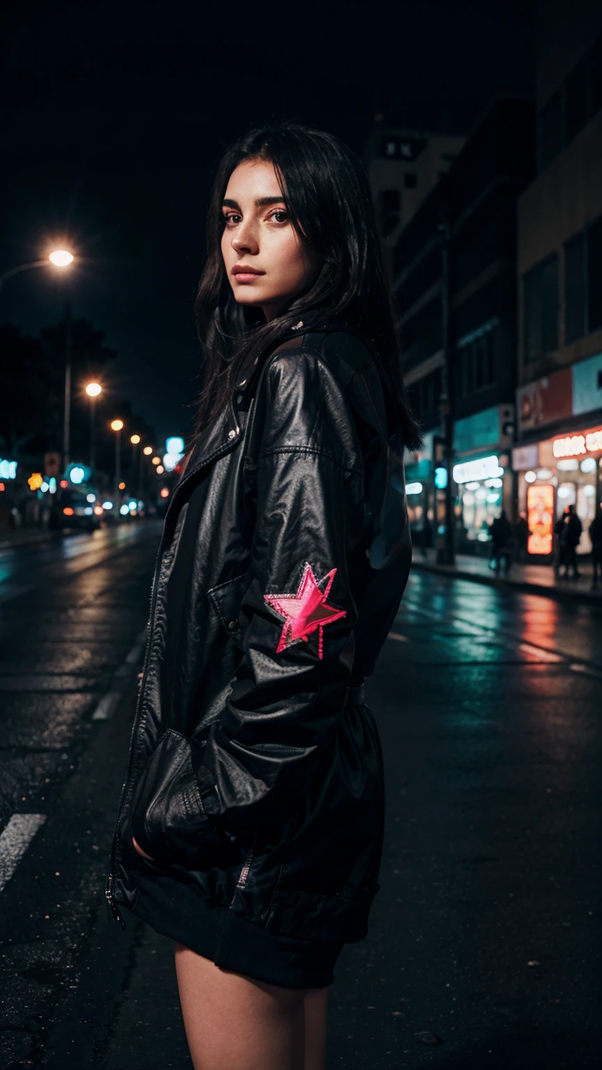 Woman wearing black star with jacket Standing in the middle of the road at night, neon lights background
