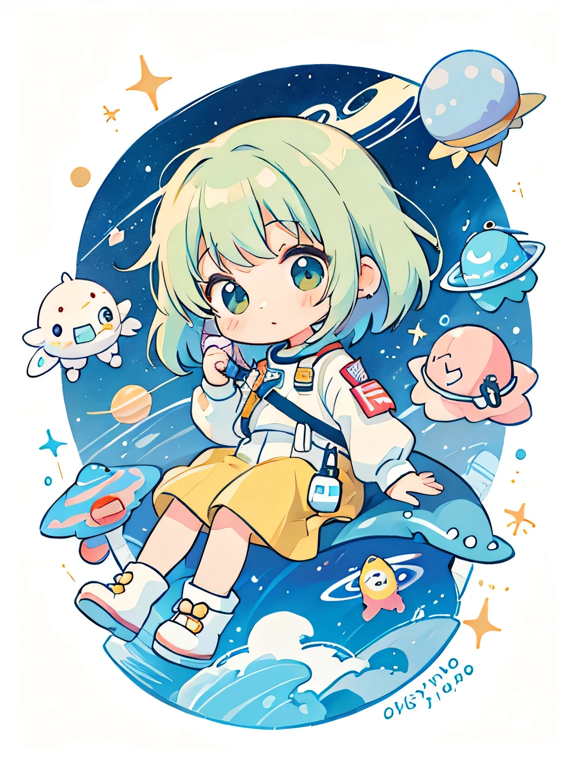Joseph Mallord William Turner style, Kawaii Design, The most beautiful girl of all time、chibi, ((Colorful amoeba))、Space Travel、nap