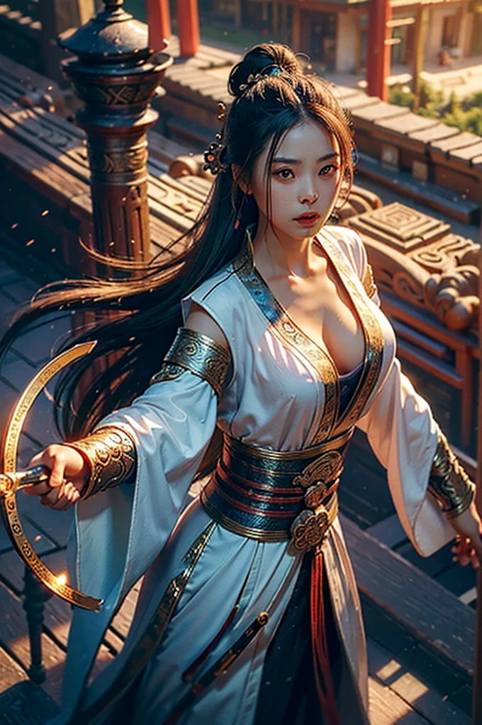 Best quality,masterpiece,ultra high res,(photorealistic:1.4),xiuxian,weapon,Detailed face,
1girl,solo,weapon,cleavage,(magic circle:1.2),xiuxian,upper body,Beautiful girl,full body,east asian architecture,sheath,architecture,