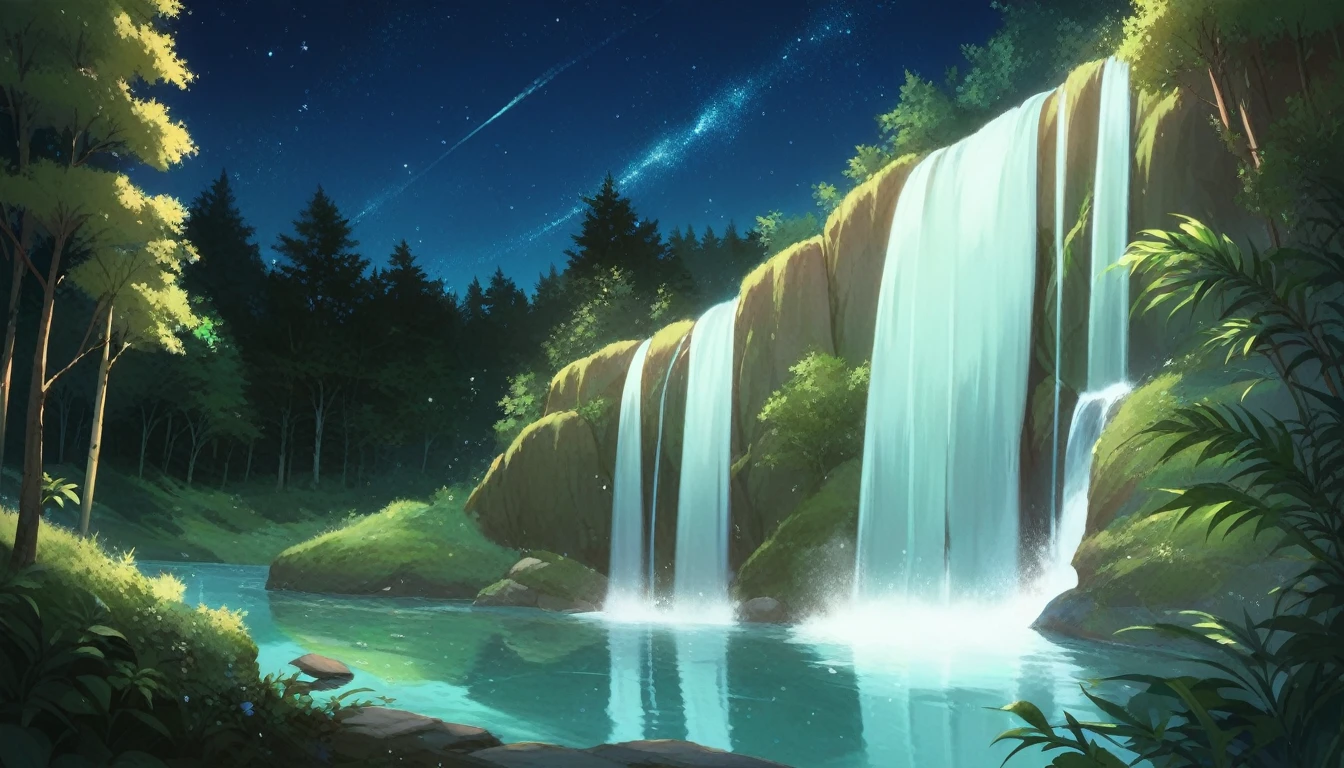 Soothing landscapes, no people, fresh greenery, night, starry sky, intricate details, perfect river, big waterfall, forest, Studio Ghibli style animation,
