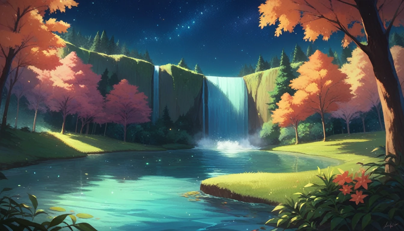 Soothing landscapes, no people, fresh greenery, night, starry sky, intricate details, perfect river, big waterfall, forest, Studio Ghibli style animation,