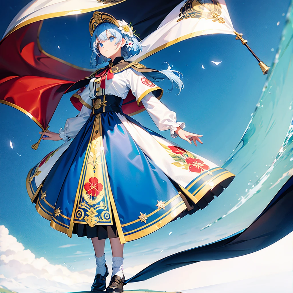 One girl、Dynamic configuration、marching band、(((masterpiece、Highest quality、Official Art、Very detailed、Handsome face、Dynamic configuration)))、Anime Style、(Milky white and blue hair:1.3),(blue eyes:1.4),(Bright colors:1.4),((麻の葉background:1.3)),, marching bandのユニフォーム, marching bandの帽子、mini skirt, Frills, Two hands holding a black and white gold embroidered flag,（background:Large red flag and gold flower embroidery on the back, Note, )、Giant Flag、旗をbackgroundにかっこいい構図