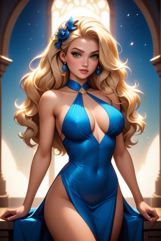 tall caucasian woman; 25 years old; long blonde wavy hair; green eyes; pale Caucasian skin; hourglass shape; very large breasts; Disney-style, CGI; best quality; high definition; trending on artstation; complex volumetric lighting; low incandescent lighting; shadows; at a party in a luxury apartment; jaw dropping beauty; gorgeous figure; tanned skin; captivating; party clothes; party dress;