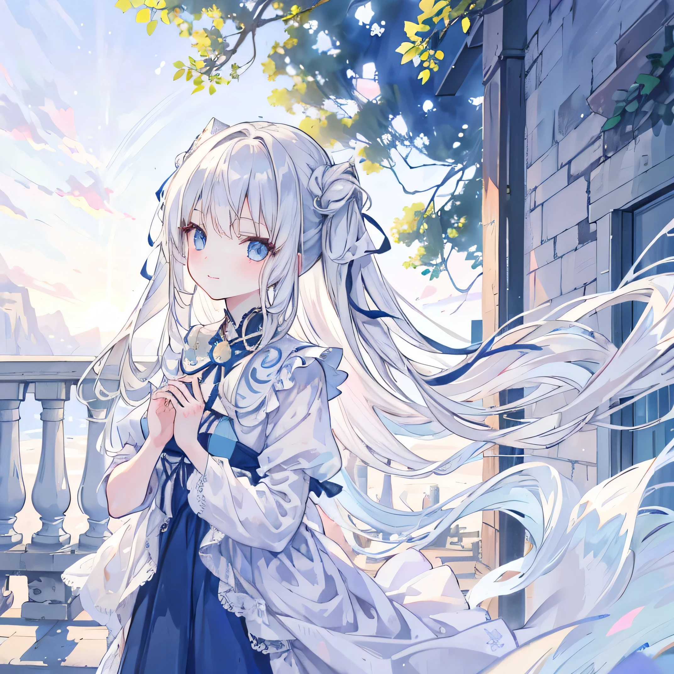 masterpiece，最high quality，One Girl，Silver Hair，Long white hair，Blue colored eyes，Light of the sun，shy、Laughing with your mouth open, Close ~ eyes, Ancient City of the West, Angle where the whole body can be seen, Intertwined, beautifully、aesthetic: 1.5, high quality: 1.3、smile