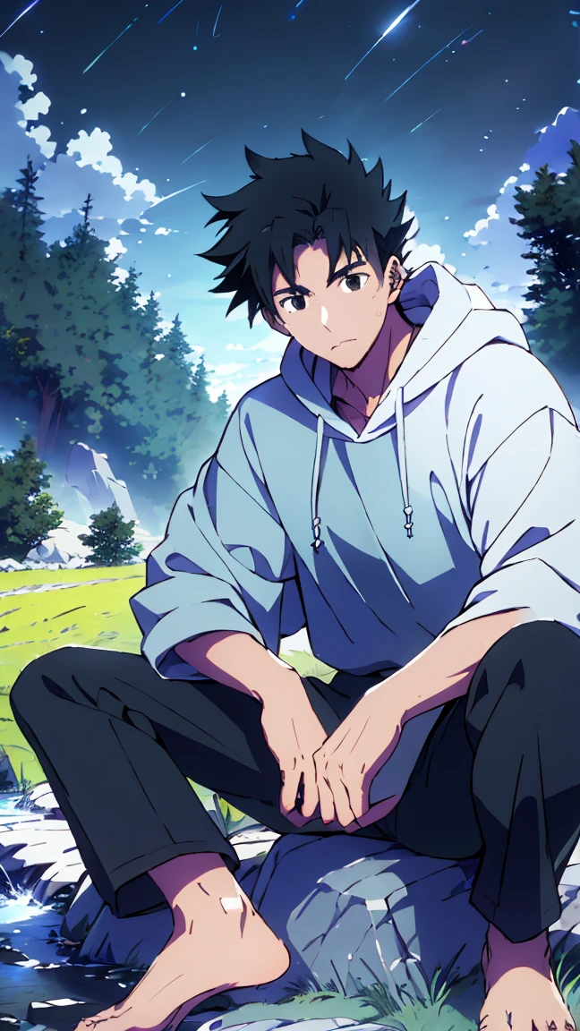 ((Highest quality)), ((masterpiece)), (detailed), Highest quality、High resolution、8K、A plain black hoodie、One adult male、33 years old、Sharp black eyes、Slightly permed black hair、Japanese anime-like style、超High resolutionかわいい萌えアニメ8k、handsome face manly、Slender and muscular、barefoot、sitting on a stone、Spread your legs、night、Grassland scenery、Riverbank、darknesoonlight