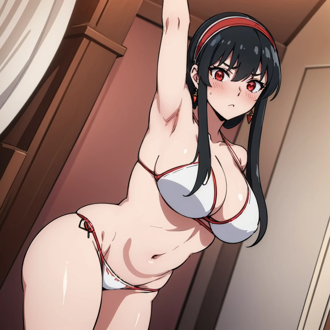 (masterpiece, best quality:1.2), 1girl, solo,(((standing_split,)))) yorbriar, yor briar, black hair, (red eyes:1.5), earrings, white hairband, hairband ,short hair with long locks , bikini, Blush, big breasts , wide hips , milf , bedroom