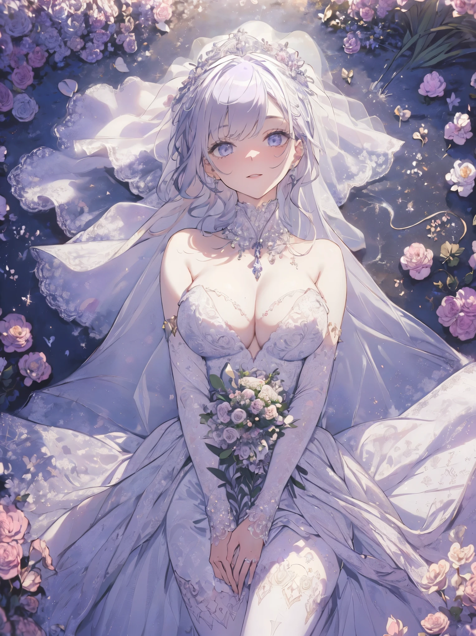 (wedding photo:1.1, in white garden:1.5), Masterpiece, best quality, (very detailed CG unity 8k wallpaper), (best quality), High definition RAW color art, Animation,sculptures, (pink Marble Skin), (((Ultra detailed elegant))), Magical atmosphere, Detailed skin, Texture,(Intricately detailed, Fine detail, ultra-detail art), depth of fields, bokeh, Silky Touch, Hyper Detail, beautiful eyes, Elegant Face, (posing on marble floor), sparkle background, enormous breast:1.3, witchcraft outfit, (silver hair), pastel purple, abs, muscle, smiley, wide open udder