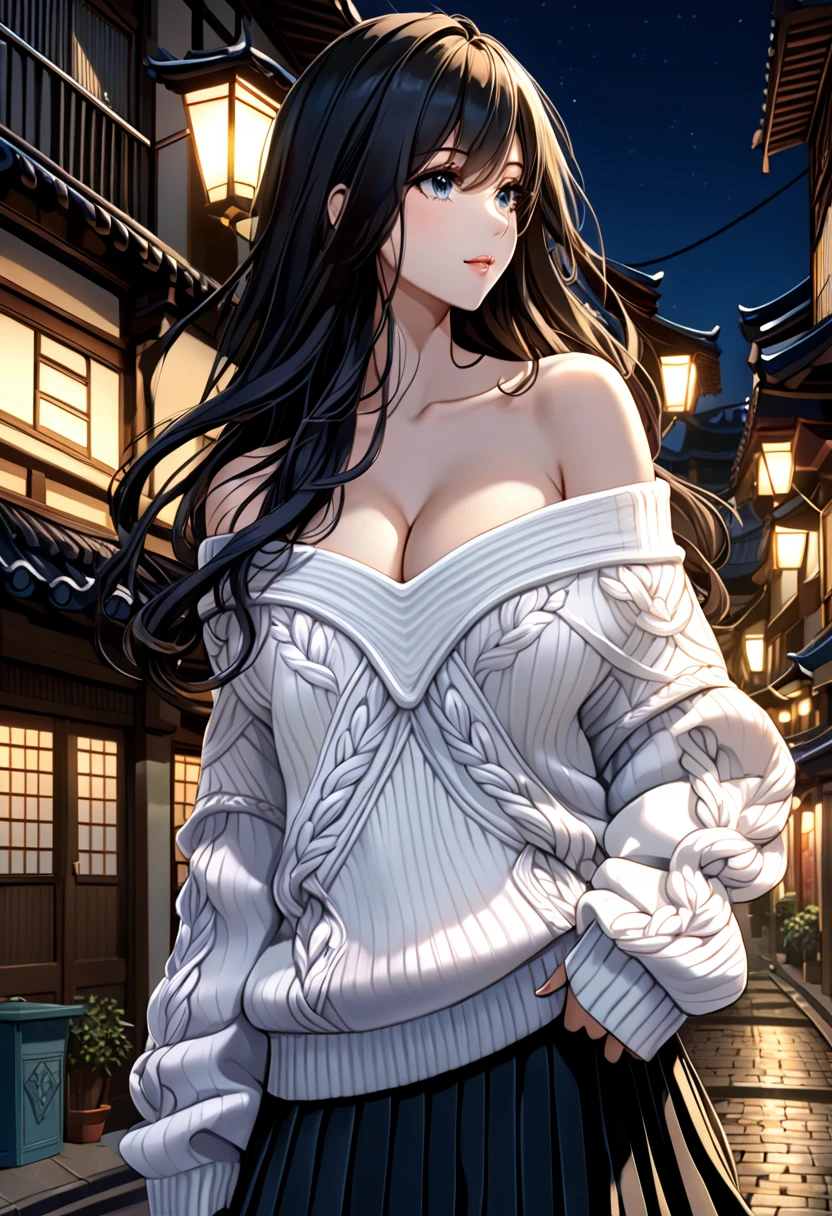 Ruan Mei, solo, night time, moonlight, city street setting, (Anime illustration), ((detailed shadows)), (detailed lighting), (detailed buildings), detailed eyes. (dramatic chiaroscuro), ((Masterpiece)), ((perfect detailed hands)), ((intricate detail)), (flowing hair), black hair, long hair, curly hair, ((detailed hair)), ((())), HD wallpaper, UHD image, (oversized_off_shoulder white sweater:1.2, (detailed sweater), (bare shoulder), (cleavage), (black pleaded skirt:1.2)