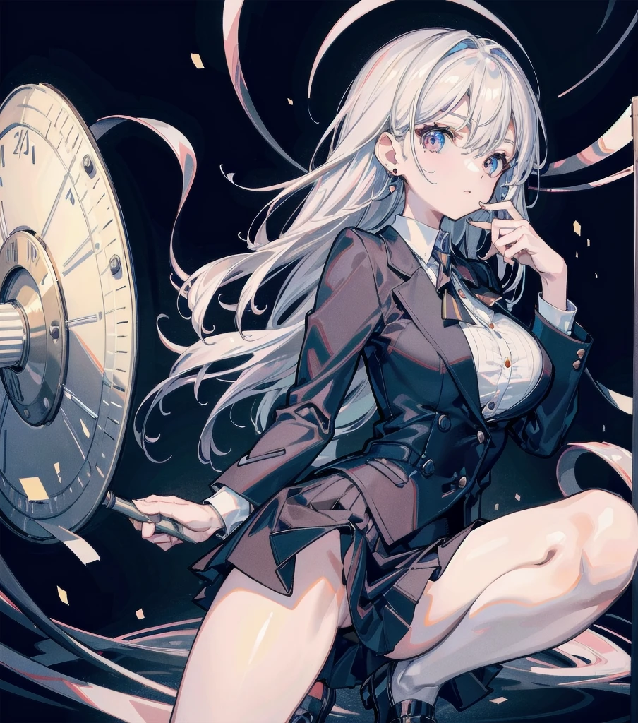 absurdres, RAW photo, extremely delicate and beautiful, masterpiece, Best Quality, ultra high resolution, 32k, hyperrealistic, ultra-detailed, perfect ???????, super Detailed skin, perfect figure, Very detailed CG 8k wallpaper, in her 20s, very Slim body, narrow waist, very small head, very small face, delicate facial features, tearful mole, earring, thin legs, huge round breasts, full body shot, shorter middle hair, wavy hair, office lady suit, blouse, blazer, skirt, 