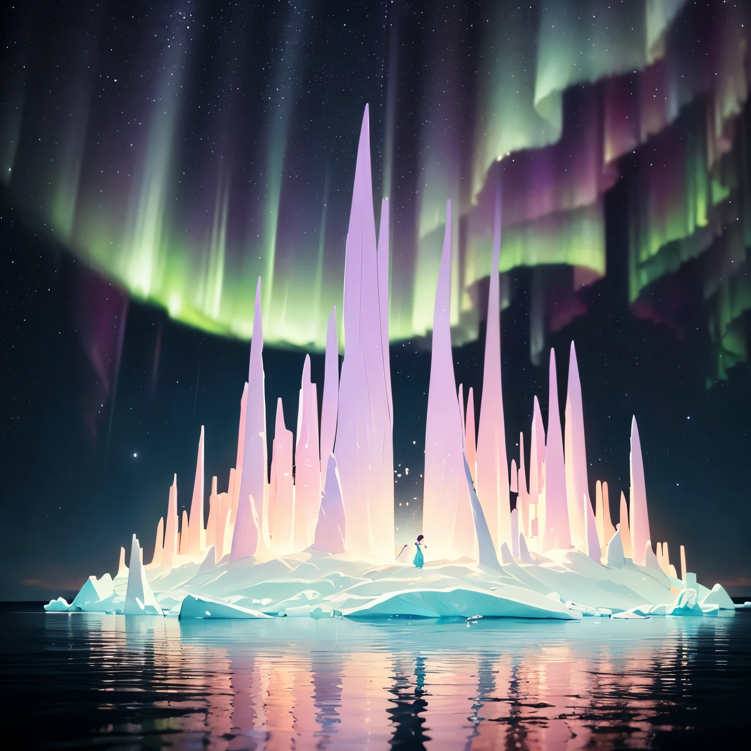 (Extreme Light，Friti Rally Light，Aurora，目を引くAurora，Auroraの滝，Auroraビーチ，Aurora波，空全体がAuroraで満たされている，Changeable colors，Star Cloud，Starry Sky，Black Hole：1.55），This is a surreal and complex CG rendering. night, Pale blue sky, The beach is covered with clear sand, Realistic jade, Sparkling white and pink lily of the valley and petals, Heart-shaped bright goose down warm stone, Crescent-shaped seawater, Moon, Starlight, Artistically, Kilo, Starry Sky, Lots of small colorful glowing particles, Captured by the Milky Way, Antarctica, Tundra and icebergs, Fantastic, dream, High detail, Big tits beautiful, 8K, Natural warm light effect,Extreme Light, The Light and Shadow of Octane Rating, Intricate details, Ultra-wide-angle panoramic shooting. Kilo. Volumetric Light, Reflective plate, reflected light, Exaggerated moonlight reflection.16K HD – Chaos 100