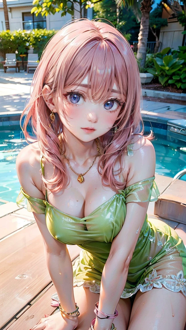 (Masterpiece, BestQuality:1.3), (ultra detailed:1.2), (hyperrealistic:1.3), (RAW photo:1.2), High detail RAW color photo, professional photograph, (Photorealistic:1.4), (realistic:1.4), (Pink Hair:1.5), professional lighting, perfect anatomy, (Big Breasts:1.2), (blush, detailed face), (cheerful Smile:1.5), Trending Hair&Trending Hairカラーをランダムに, earrings, necklace, bracelet, sexly, erotic sexly, Random sexy gravure poses, (A beautiful woman wearing a green see-through dress、Smiling sexily while relaxing on a poolside lounge chair。With long hair、Exposing one shoulder、A sexy pose showing off her inner thighs while pulling up her dress with her hands。:1.3)