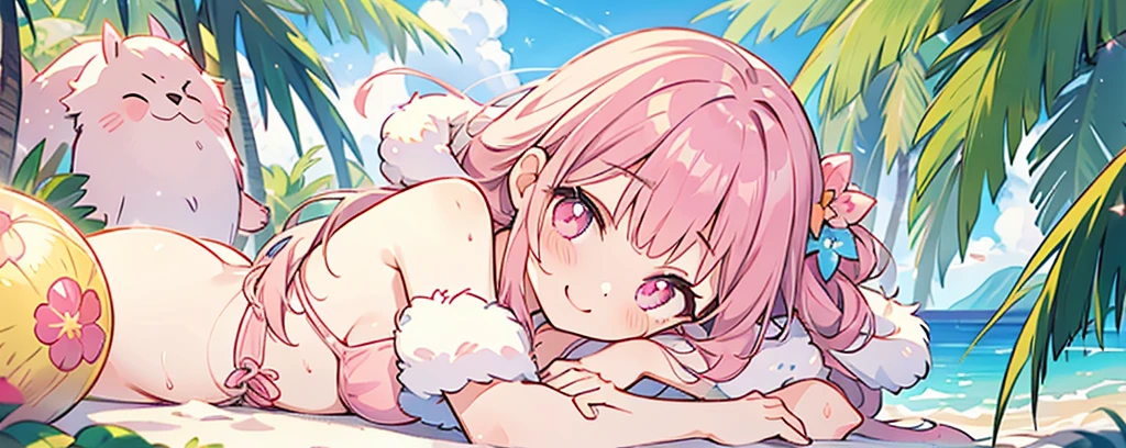 summer、1 girl、Silver fur、((Pink sparkly eyes))、A sloppy smile、Open your mouth、Swimwear、Lie down