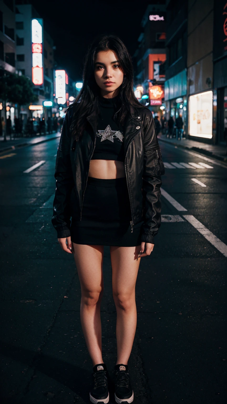 Woman wearing black star with jacket Standing in the middle of the road at night, neon lights background