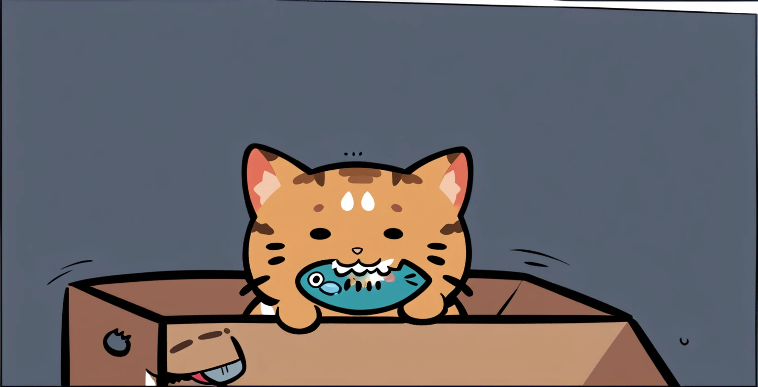 cartoon cat in a box with a fish in its mouth, anime cat, cat eating, fat chibi grey cat, kawaii cat, anime visual of a cute cat, style of pusheen. comic, chibi, fat cat