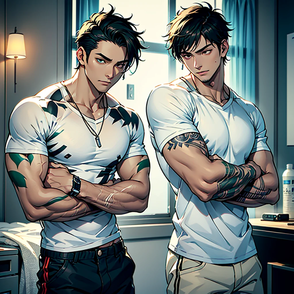 ((Best Quality)) ((high definition quality)), ((Masterpiece)), (detailed), ((without errors)), ((no duplicate limbs))
Create a modern apartment, two figures stand out in a dim and warm room. Cipriano, a muscular Argentinian man in a tight white t-shirt, very high, shows tattoos on his arms and chest. With short punk messy hair and well-groomed beard, Her skin is brown and her eyes are emerald green., having sex with her boyfriend Min-Joon, a young Korean man with an urban style, He wears a white t-shirt. Tender and sweet face like a kpop idol, White skin, perfectly shaved, his body is shorter, small and skinny than Cipriano. His posture is relaxed but full of energy, His dark, messy hair falls over his forehead., and his tattoos cover his neck and arms. He enjoyed Cipriano's touch, showing an expression of sexual pleasure.. Cipriano gently kisses Min-Joon's neck while holding his waist in a sensual and erotic way. The room is partially illuminated by the city lights coming through the window., creating an intimate and passionate atmosphere.
Cipriano is the active and dominant one while Min-Joon is the passive one in the relationship.