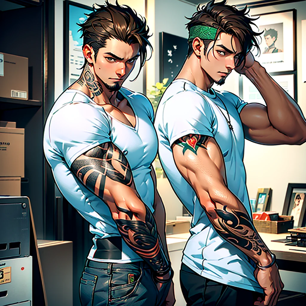 ((Best Quality)) ((high definition quality)), ((Masterpiece)), (detailed), ((without errors)), ((no duplicate limbs))
Create a modern apartment, two figures stand out in a dim and warm room. Cipriano, a muscular Argentinian man in a tight white t-shirt, very high, shows tattoos on his arms and chest. With short punk messy hair and well-groomed beard, Her skin is brown and her eyes are emerald green., having sex with her boyfriend Min-Joon, a young Korean man with an urban style, He wears a white t-shirt. Tender and sweet face like a kpop idol, White skin, perfectly shaved, his body is shorter, small and skinny than Cipriano. His posture is relaxed but full of energy, His dark, messy hair falls over his forehead., and his tattoos cover his neck and arms. He enjoyed Cipriano's touch, showing an expression of sexual pleasure.. Cipriano gently kisses Min-Joon's neck while holding his waist in a sensual and erotic way. The room is partially illuminated by the city lights coming through the window., creating an intimate and passionate atmosphere.
Cipriano is the active and dominant one while Min-Joon is the passive one in the relationship.