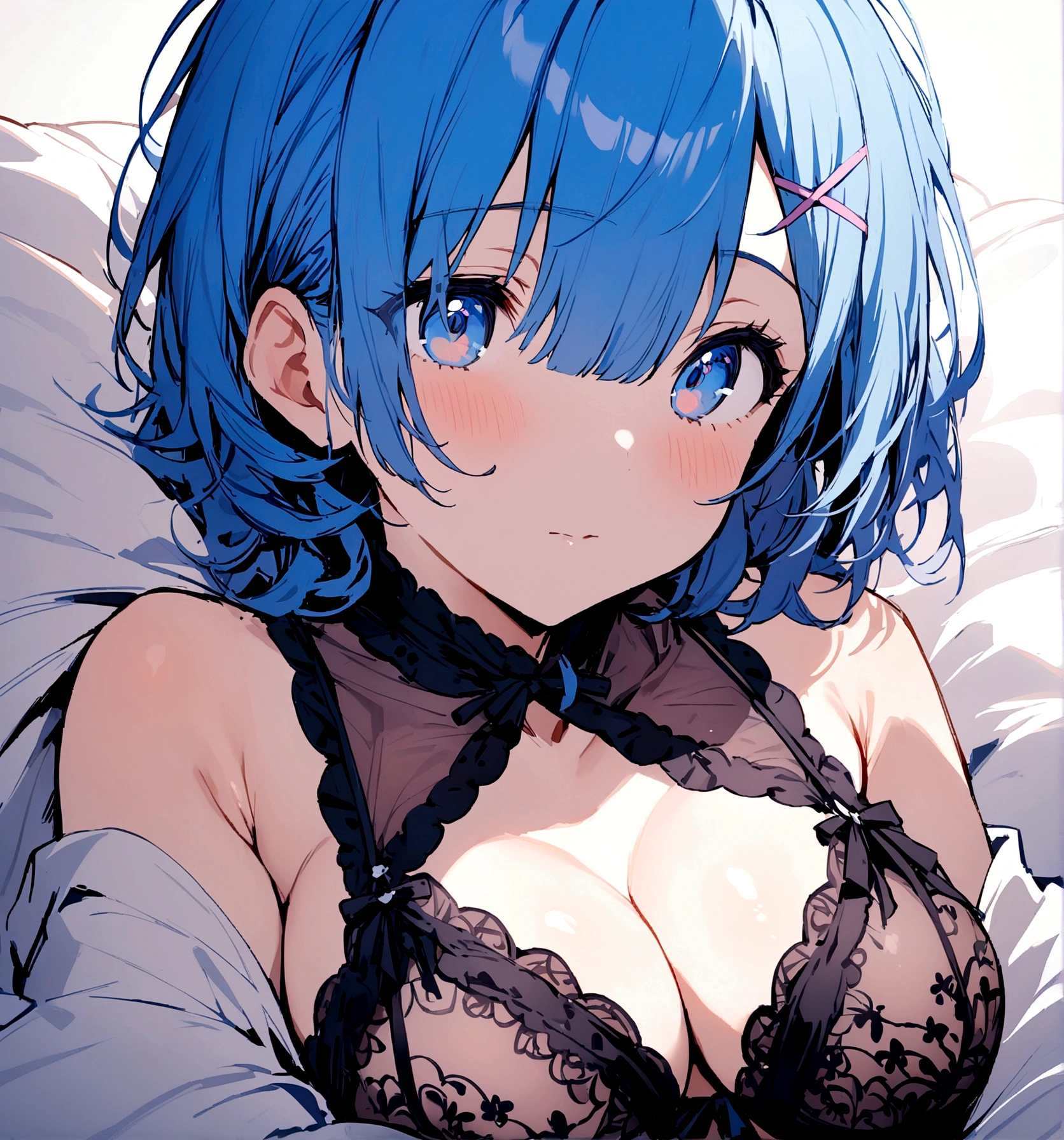 masterpiece, Highest quality, Rem, One Girl, lingerie,Beautiful Eyes,Blue Hair,Upper Body,On the bed