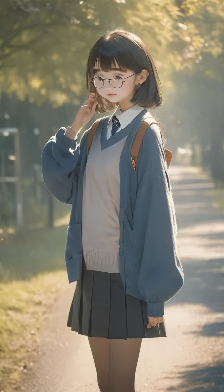Highest quality、masterpiece、Perfect Anatomy、Girl, On the way to school, chatting with friends, Standing and waving, School Area, Rural Scenery, scenery, Round Glasses, School Cardigan, (Sleeves are longer than the wrist), Powerful loafers, Black ash two side up hair, Blunt bangs, Beautiful dark eyes, Black knee socks, Cinema Lighting, Upper Body, :3, School zone, Rural School
