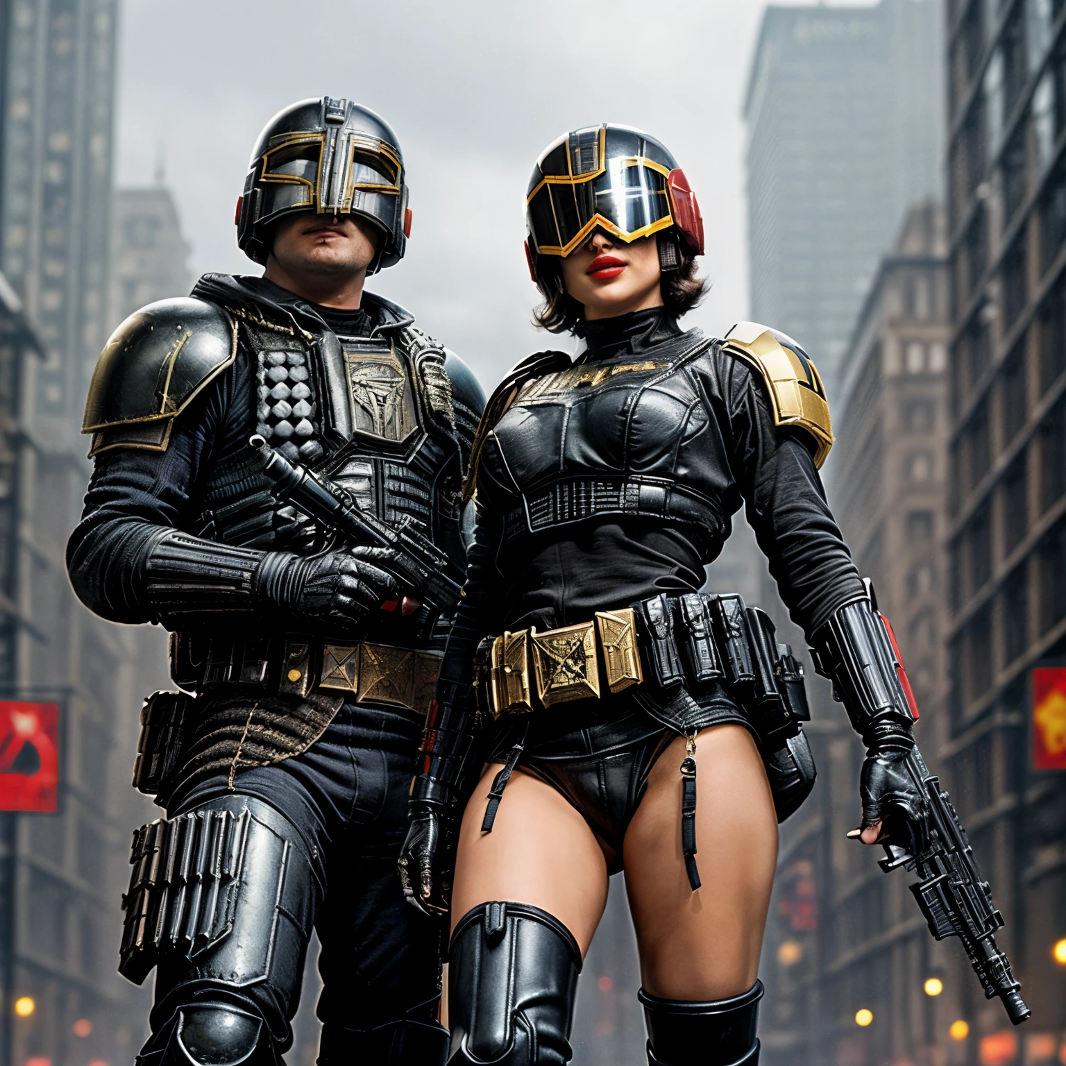 (best quality, 10k, high-resolution, masterpiece:1.2), ultra-high detailed, (photo-realistic:1.37), ((best quality)), ((masterpiece)), ((NSFW)), ((young Natalie Portman)), ((red lips)), ((cheeky smile)), ((super sexy female Judge Dredd 2000AD style future-cop)), ((skimpy ultra-tiny sexy futuristic police uniform)), ((full body)), ((no panties)), ((utility belt around waist)), ((in the big bad streets of Mega City One)), ((Judge's helmet from the Judge Dredd stories)), ((2000AD))