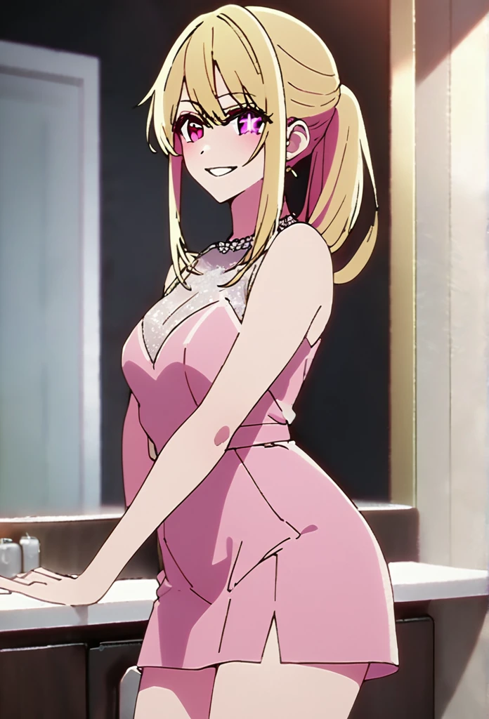 Blonde、Highest quality、high resolution、8K,Highest quality、Star-shaped pupil、The best smile、long hair、Pink Eyes、ponytail、Cowboy Shot、One person、party dress