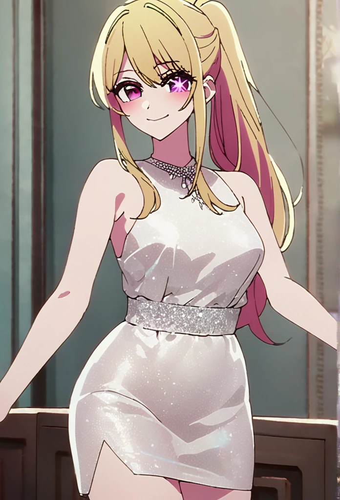 Blonde、Highest quality、high resolution、8K,Highest quality、Star-shaped pupil、The best smile、long hair、Pink Eyes、ponytail、Cowboy Shot、One person、party dress