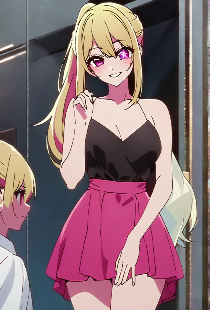 Blonde、Highest quality、high resolution、8K,Highest quality、Star-shaped pupil、The best smile、long hair、Pink Eyes、ponytail、Cowboy Shot、One person、 dress