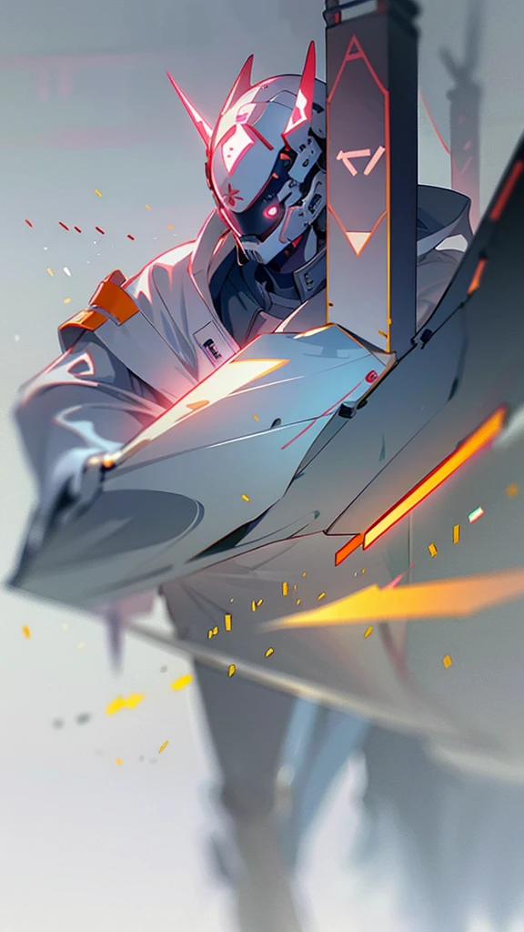 masterpiece, best quality, A close-up shot of a futuristic boy，China is white and impermanent，The traditional image of Hei Wuchang，Tradition meets modernity，Chinese style，Wearing a fantastic cyber helmet，White triangle LED light and halo on the helmet, Wearing a white Techwear jacket with &quot;Peace in the World&quot; written on it, Full body white background