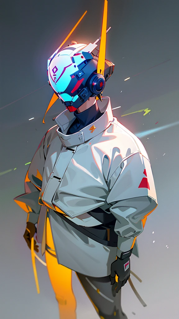 masterpiece, best quality, A close-up shot of a futuristic boy,China is white and impermanent,The traditional image of Hei Wuchang,Tradition meets modernity,Chinese style,Wearing a fantastic cyber helmet,White triangle LED light and halo on the helmet, Wearing a white Techwear jacket with "Peace in the World" written on it, Full body white background