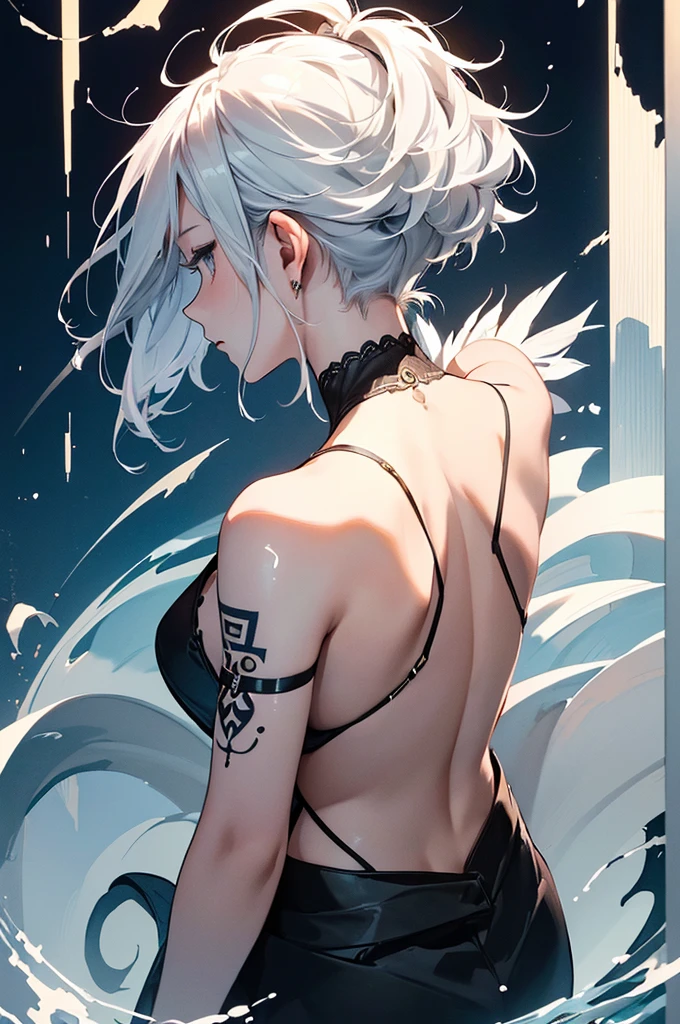 (Image from chest up:1.4)((masterpiece:1.5,Highest quality,Beautiful images、Sketch、2.5D、Ink Painting、Abstract、Artistic、Portraiture))(1girl, 独奏)(medium breasts, white hair、short hair、sideboob、Exposing shoulders、Tattoo on shoulder)(横顔のPortraiture,Gaze sideways、Gaze diagonally、Shake your head、A sad expression, floating hair)(モノトーンのAbstractな背景)((from behind:1.5)),Look to the side
