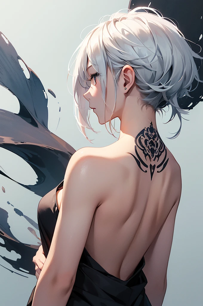 (Image from chest up:1.4)((masterpiece:1.5,Highest quality,Beautiful images、Sketch、2.5D、Ink Painting、Abstract、Artistic、Portraiture))(1girl, 独奏)(medium breasts, white hair、short hair、sideboob、Exposing shoulders、Tattoo on shoulder)(横顔のPortraiture,Gaze sideways、Gaze diagonally、Shake your head、A sad expression, floating hair)(モノトーンのAbstractな背景)((from behind:1.5)),Look to the side
