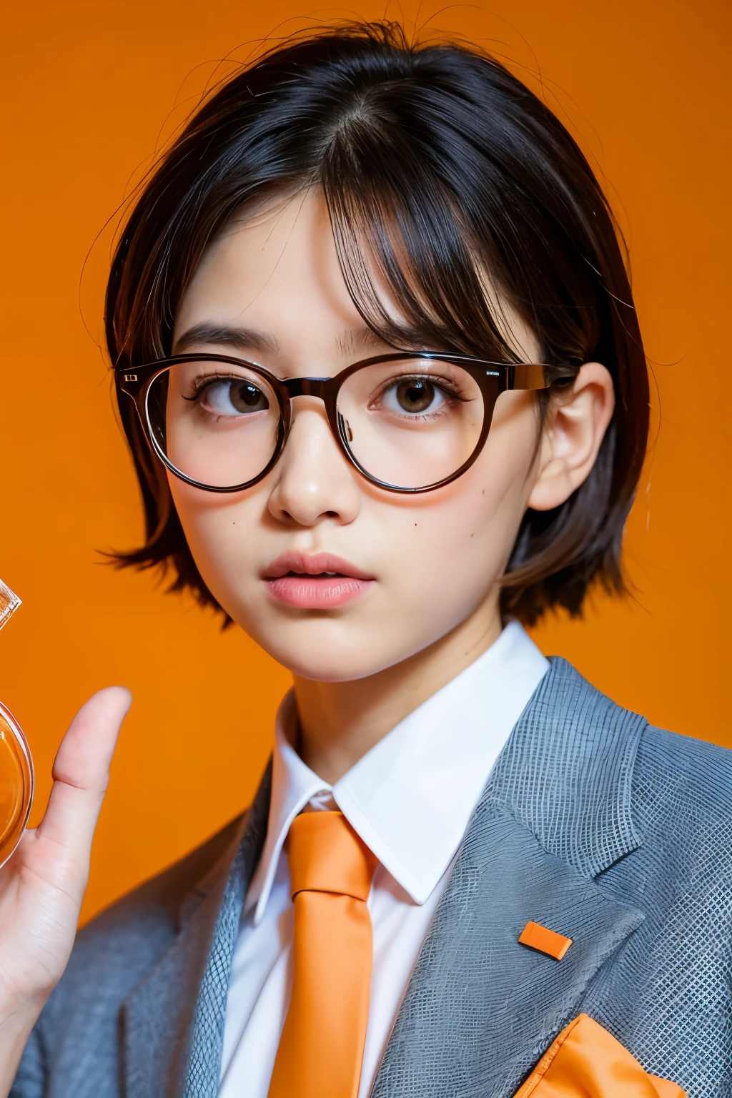 best quality, face focus, kid, ultra high res, glasses, orange color, megaphone, suit, soft light