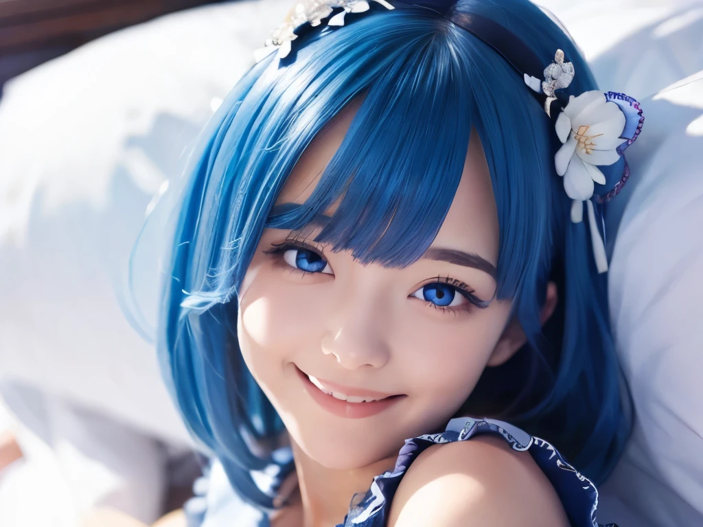 ((masterpiece)), ((Highest quality)), (Super detailed), pretty girl, One girl, alone, , ((Beautiful Eyes)), smile,On the bed, Beautiful Blue Hair