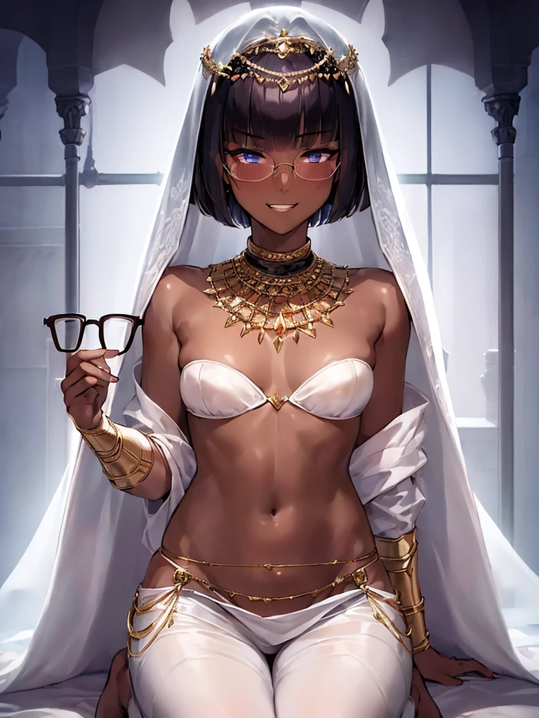 (1 girl 20 years old solo:1.4),(flat chest),(dark skin:1.7), (masterpiece:1.2), highest quality, High resolution, unity 8k wallpaper, (fine and beautiful eyes:1.6), highly detailed face, perfect lighting, Detailed CG, (perfect hands, perfect anatomy), detailed eyes, best quality, extremely detailed, very precise detailed, (long loincloth:1.5),(glasses:1.6), (blunt bangs:1.3),(arabian clothes:1.5), (very short pixie cut:1.2), (evil smile:1.4),(blush),(kneeling:1.3),(white veil:1.3),( harem pants)