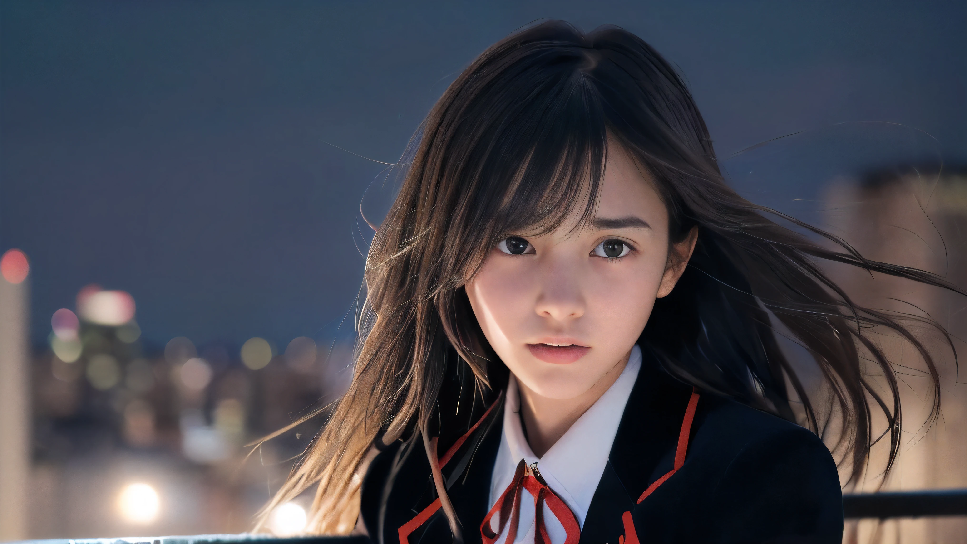 (Close up face shot of one slender small breasts two side up black medium hair bangs girl in long sleeves black school uniform:1.5)、(One girl is face down and with crying face from the rooftop of the building and her hair is blowing by the winds at midnight:1.5)、(Many car head lights are visible at skyscraper city landscape in midnight:1.5)、(8k ultra detailed master piece:1.5)、(perfect anatomy:1.5)、(Photorealistic stick:1.5)、(Raw photo:1.3)、(highest quality:1.5)、(High resolution:1.3)、(Delicate and beautiful perfect face:1.3)、(Delicate and beautiful eye air skin:1.3)、(Real Human Skin:1.3)、((thin legs))