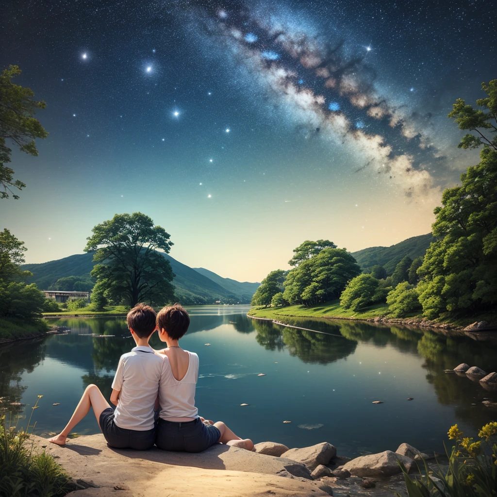 Beautiful starry sky、night、River bank、Riverside、male、Back view、、Sitting、Friendship、summer