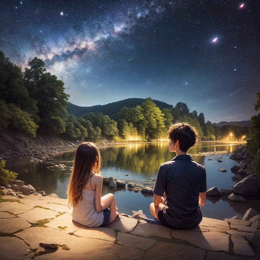 Beautiful starry sky、night、River bank、Riverside、male、Back view、、Sitting、Friendship、summer