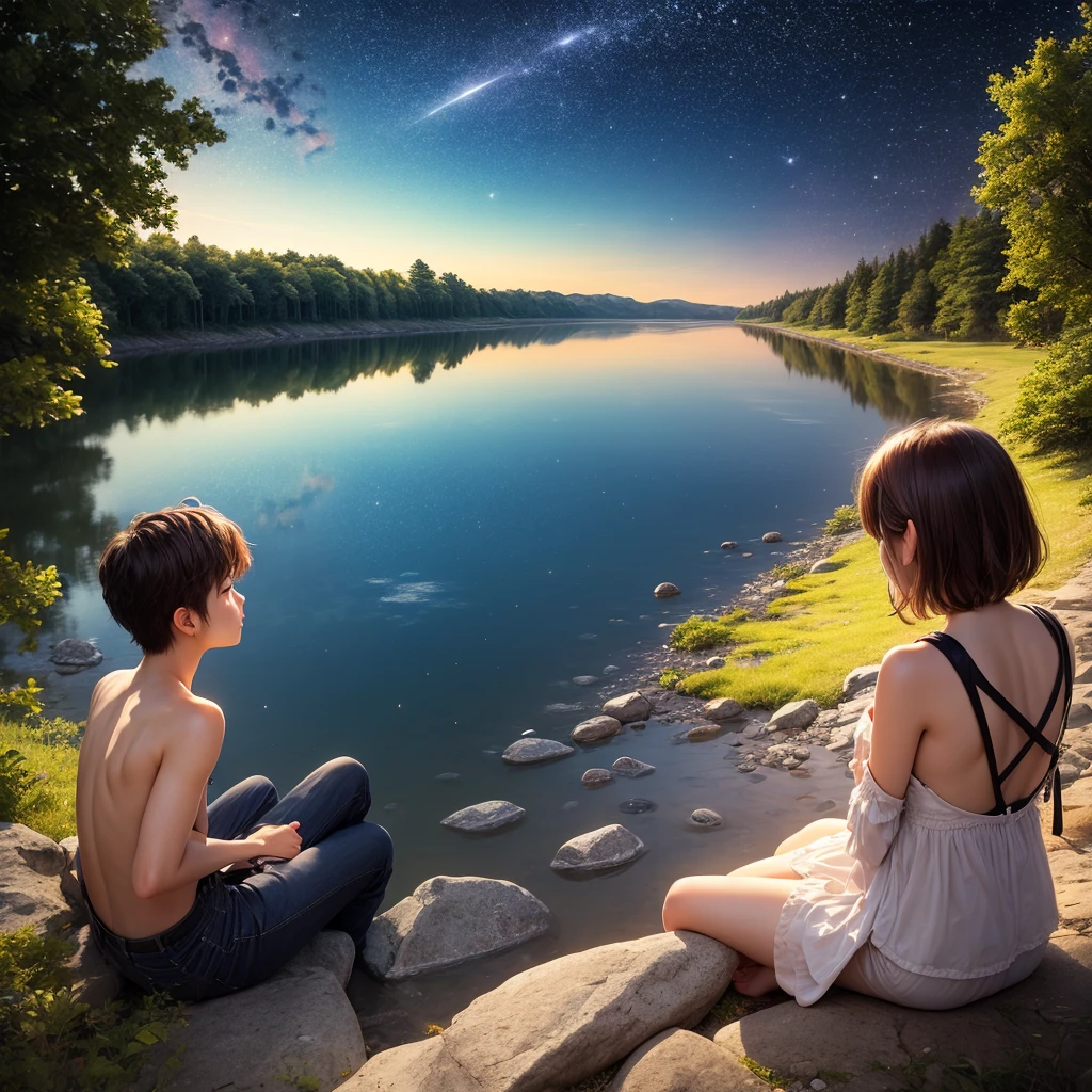Beautiful starry sky、night、River bank、Riverside、male、Back view、、Sitting、Friendship、summer
