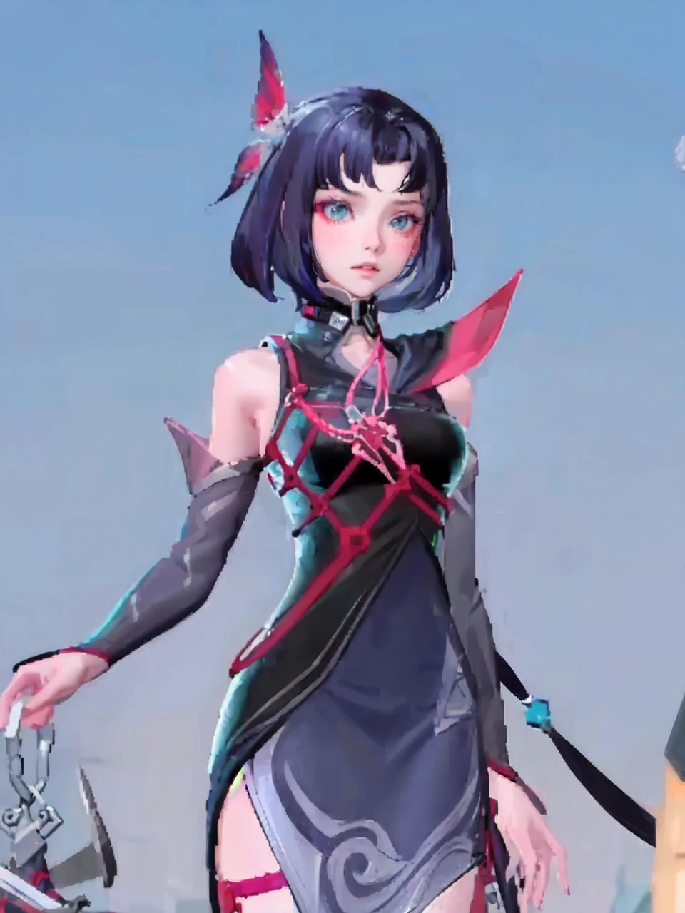 1girl, jacket, rain, outdoor, hoodie, open jacket, chain, backpack, looking at another, messy hair, trending on artstation, 8k resolution, highly detailed, anatomically correct, sharp image, digital painting, concept art, trending on pixiv, style of makoto shinkai,